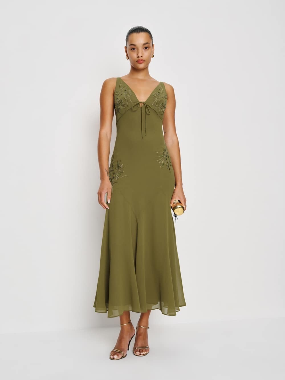 NWT Reformation Ziva Limited Edition Sequin Embellished Olive Green Midi Dress
